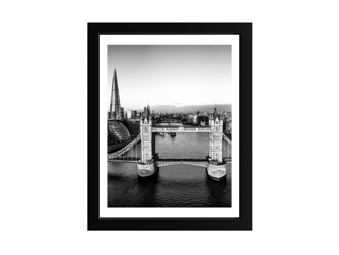 London Tower Bridge and The Shard Aerial Black and White Photo Print