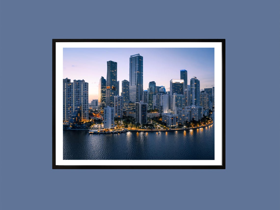 Miami Skyline Twilight Cityscape Lit Buildings Waterfront Art Poster