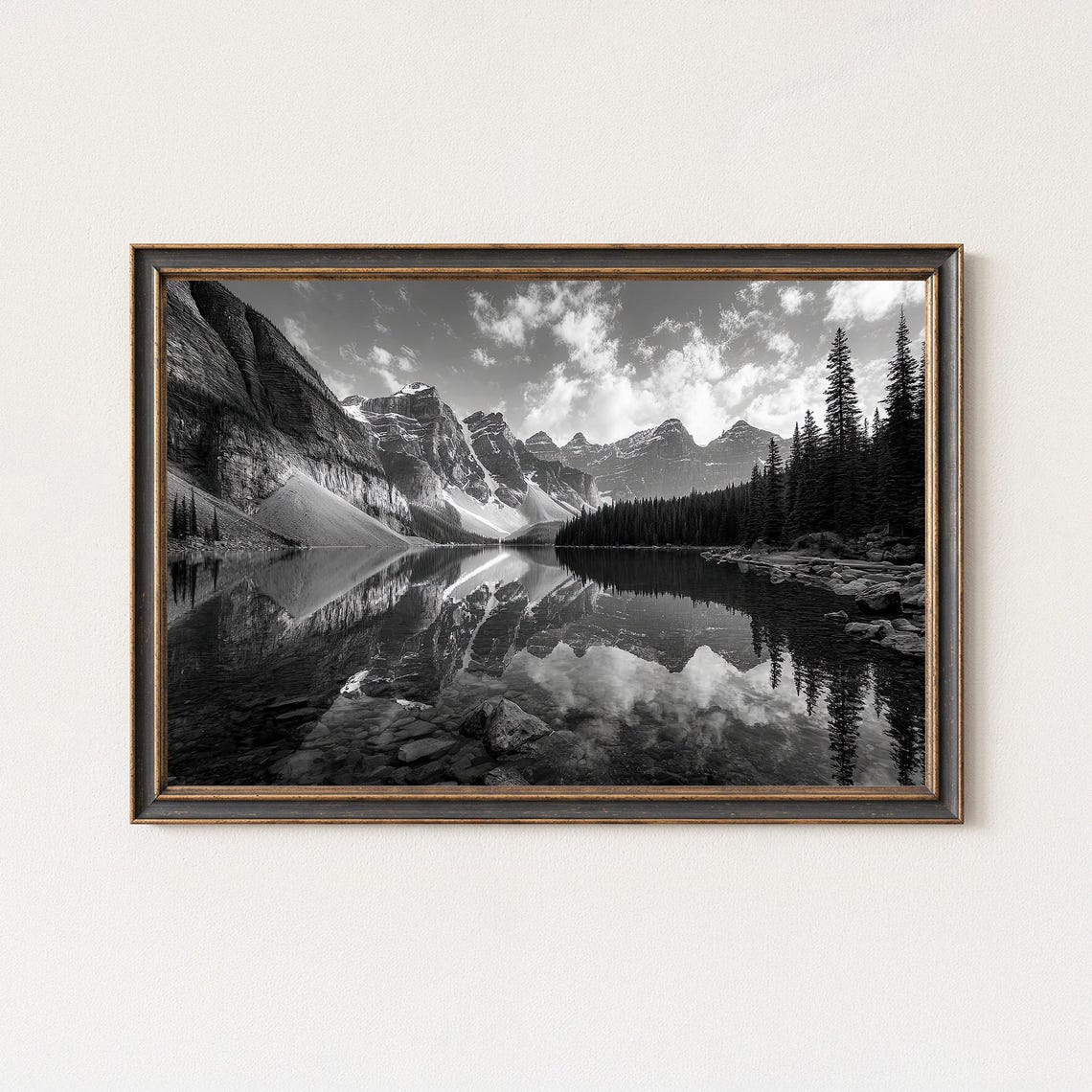 Moraine Lake Black White Mirror Reflection Mountain Photography Print