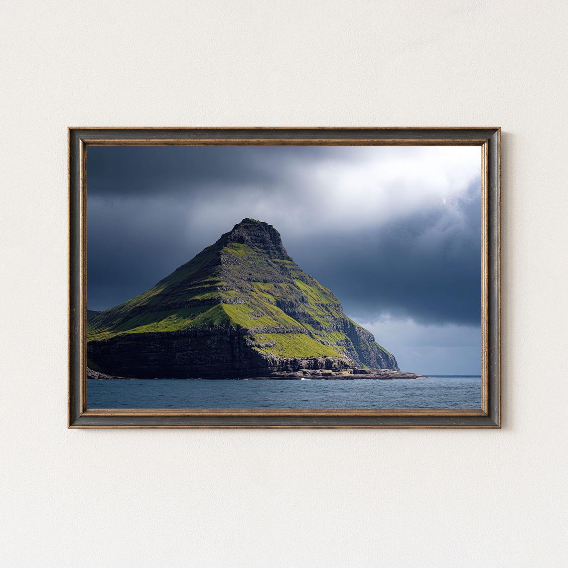 Faroe Islands Green Sea Cliff Island Dramatic Storm Sky Poster