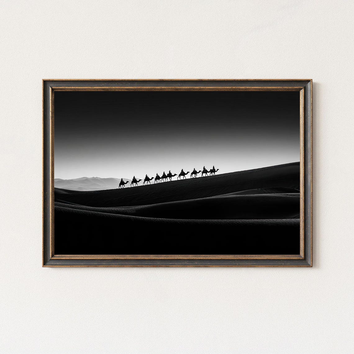 Desert Camel Caravan Black And White Silhouette Print