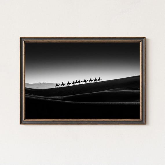 Desert Camel Caravan Black And White Silhouette Print