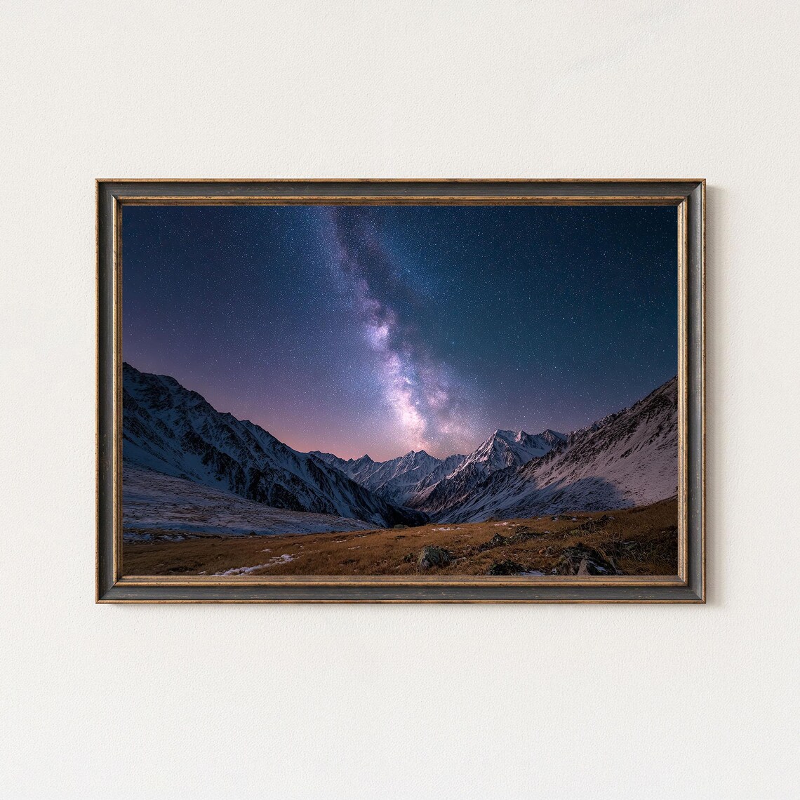 Milky Way Galaxy Over Snowy Mountain Valley Night Sky Poster