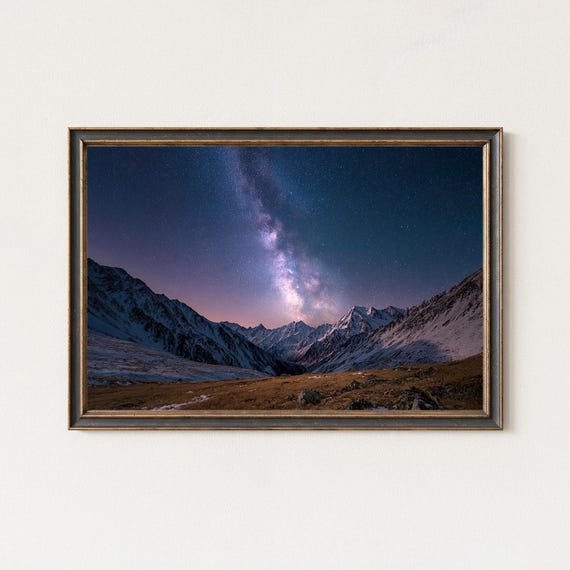 Milky Way Over Snowy Mountain Valley Night Sky Print