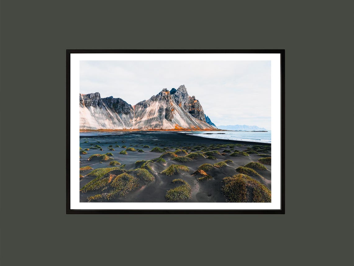 Vestrahorn Mountain Iceland Above a Mossy Black Sand Beach Poster