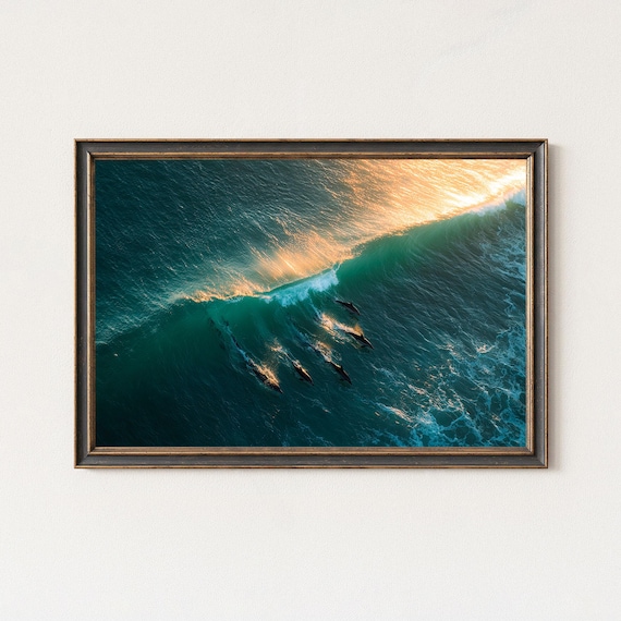 Dolphins Surfing Golden Sunset Waves Aerial Ocean Photography Poster