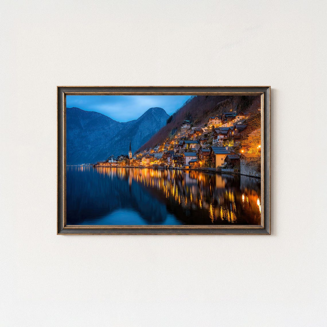 Hallstatt Austria Twilight Lake Village Glowing Lights Poster