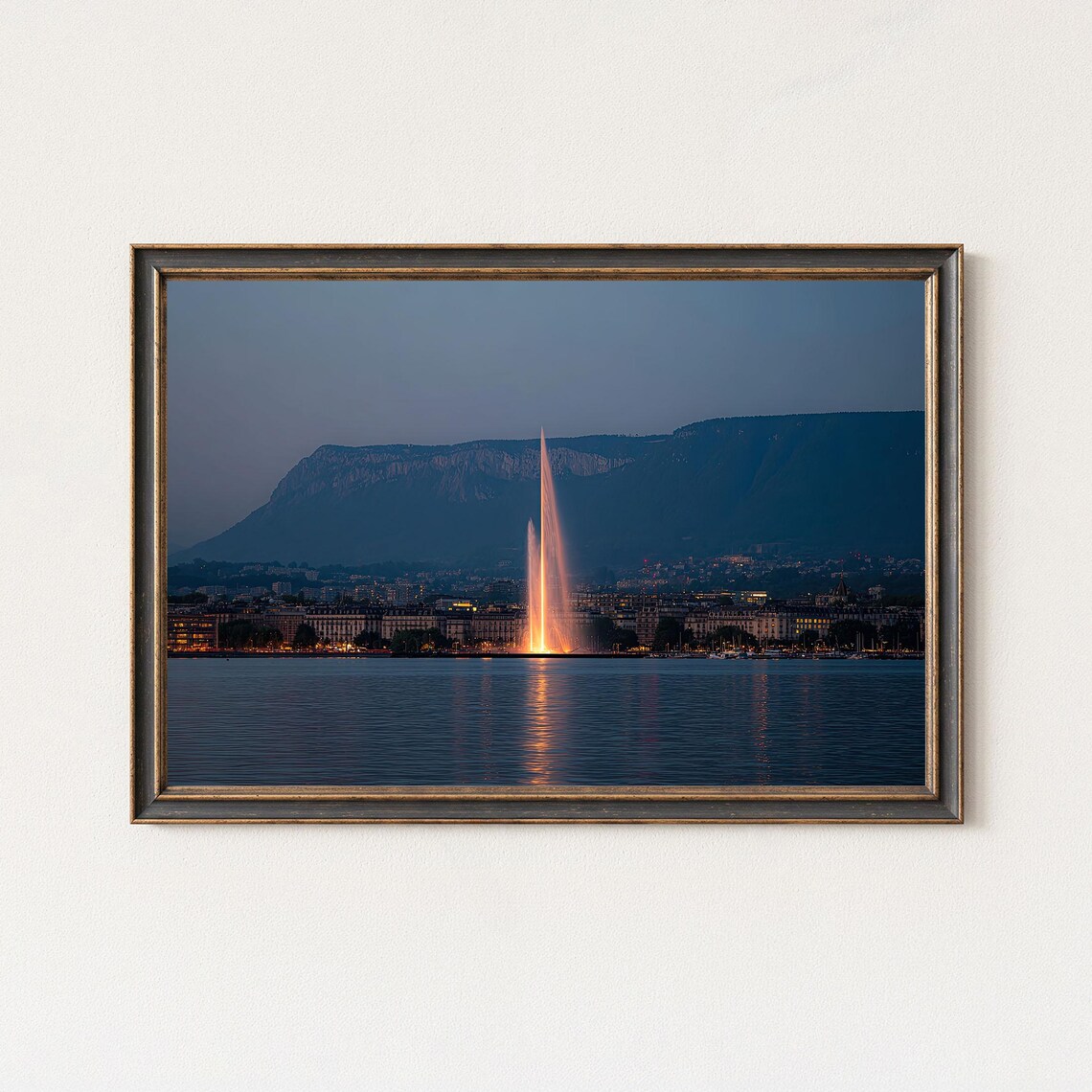 Geneva Jet Deau Evening Skyline Lake Landscape Wall Art Print