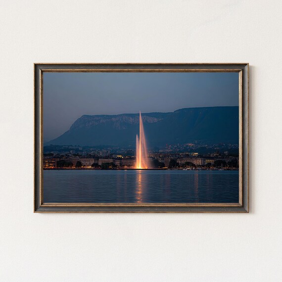 Geneva Jet Deau Evening Skyline Lake Landscape Wall Art Print