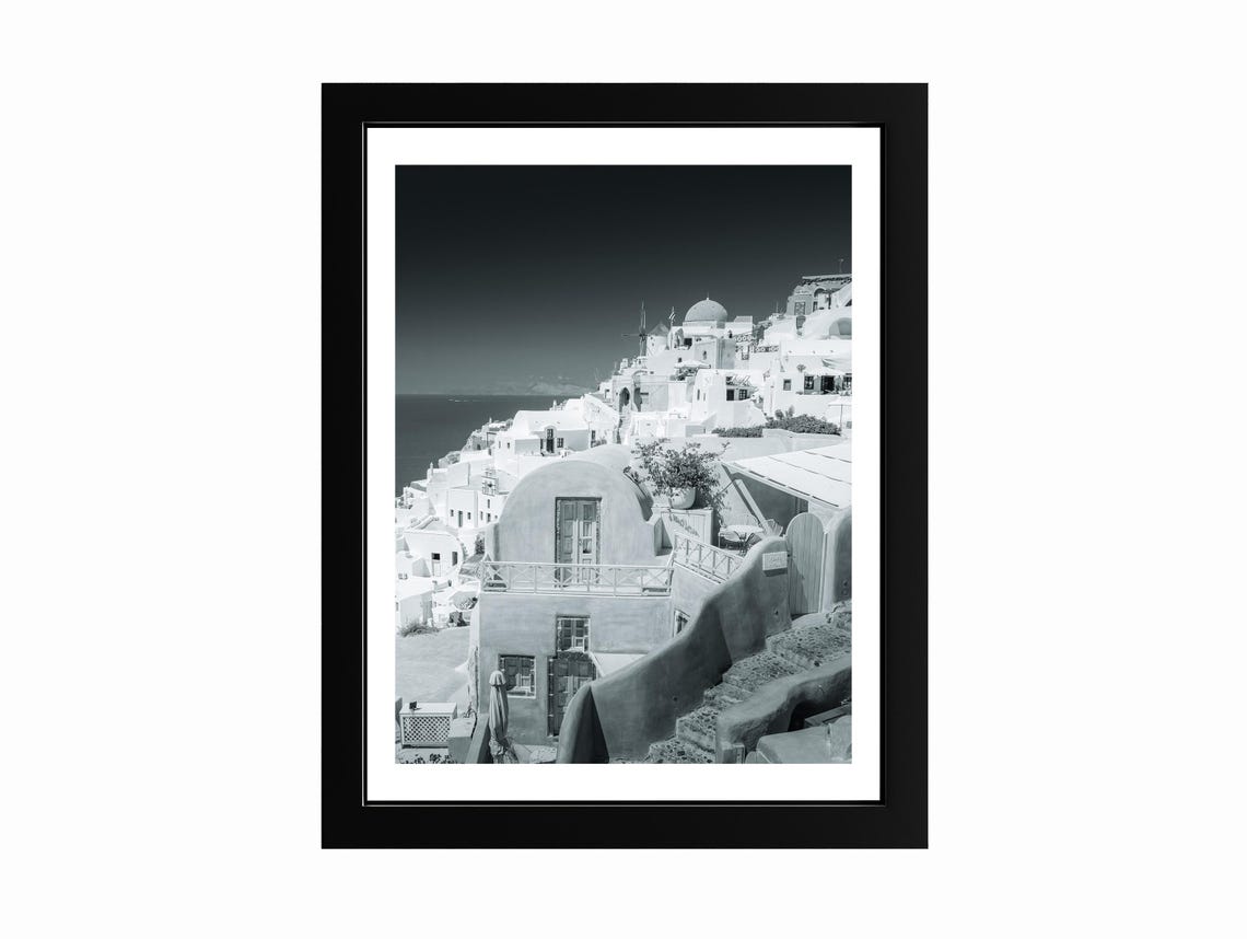 Santorini Oia Greece Whitewashed Cliffside Black White Photo Poster