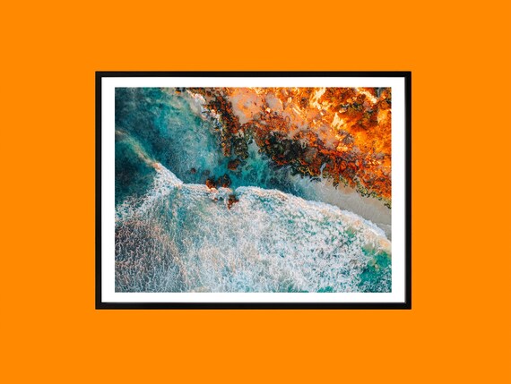 Aerial Ocean Waves over Turquoise Water Rocky Shore Art Print