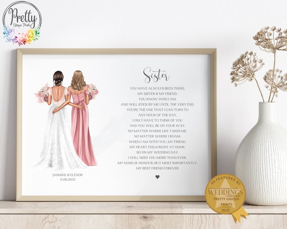 Personalised Gift For Bridesmaid Sister And Bride Print Wedding Keepsake Gift Wedding Gift For Sister Sister Wedding Print Sister Gifts