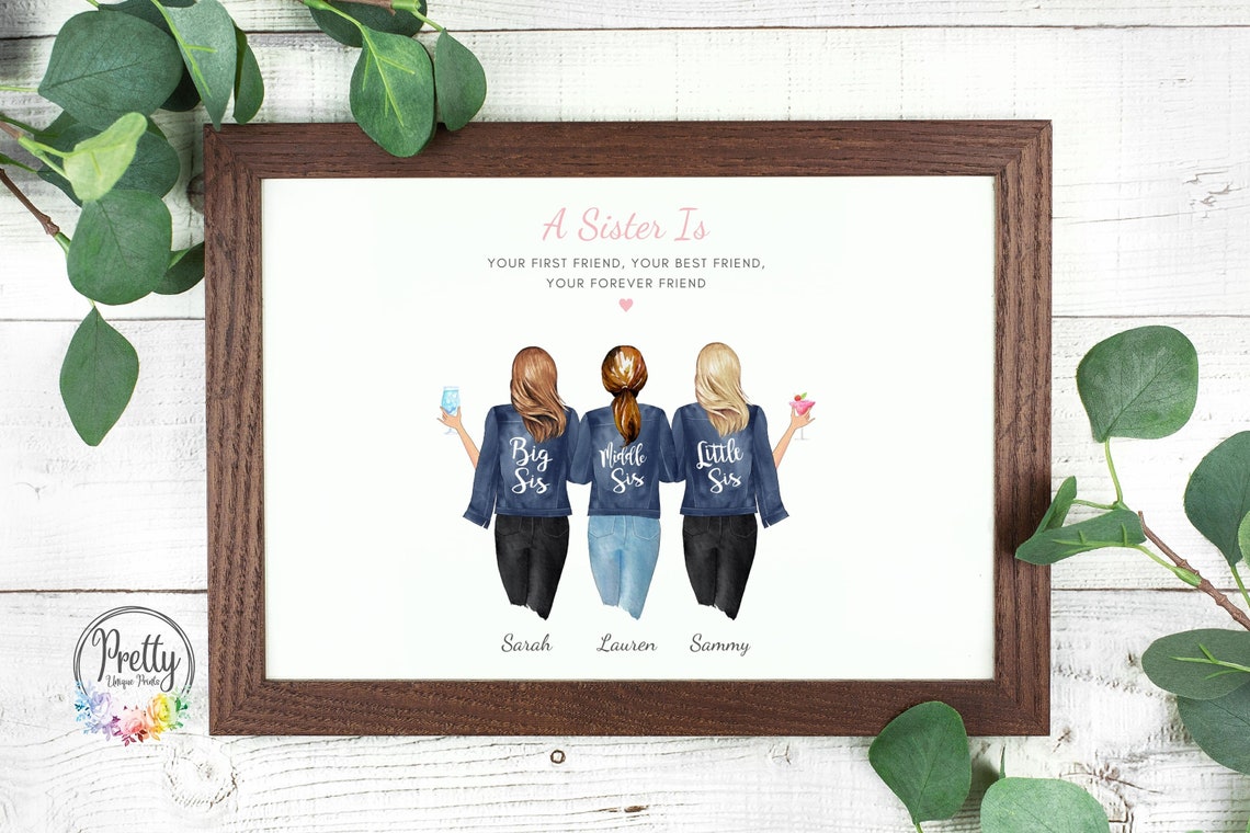 Personalized Three Sisters Denim Jacket Friendship Art Print