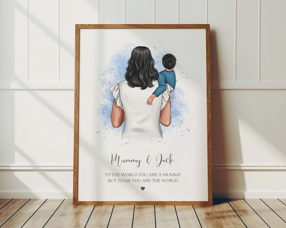 Personalised Mummy and Son Watercolour Print To Me You Are the World
