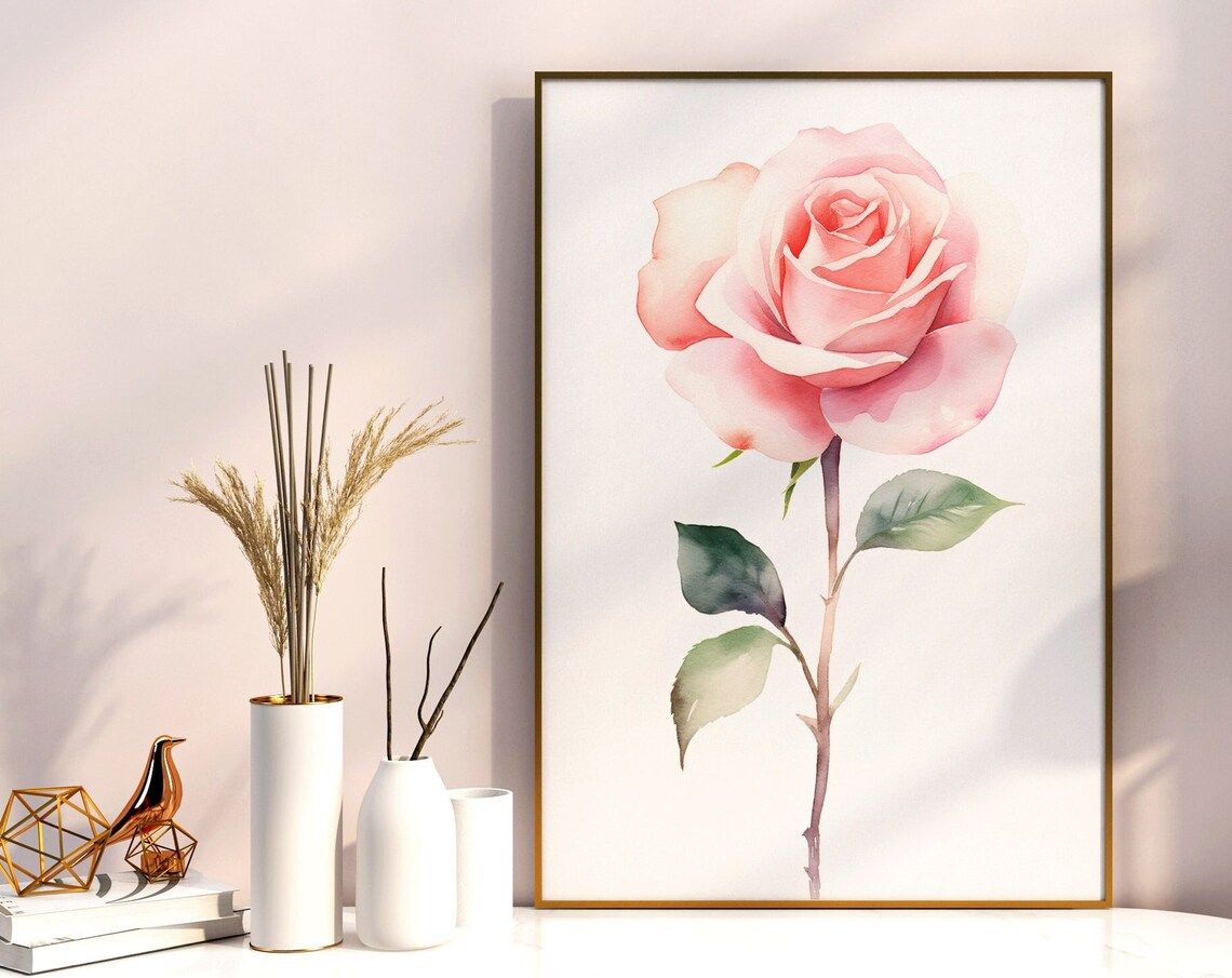 Pink Rose Watercolor Single Long Stem Blossom Romantic Floral Art Poster