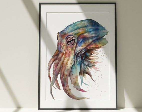 Squid Painting Wall Art Poster Gift Watercolor Colorful Animal Painting Illustration Nature Wall Art Home Decor Print