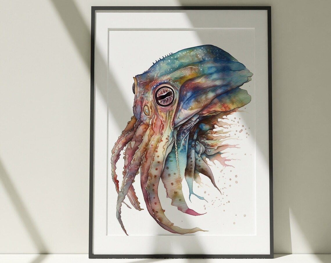 Colorful Cuttlefish Watercolor Underwater Sea Creature Poster