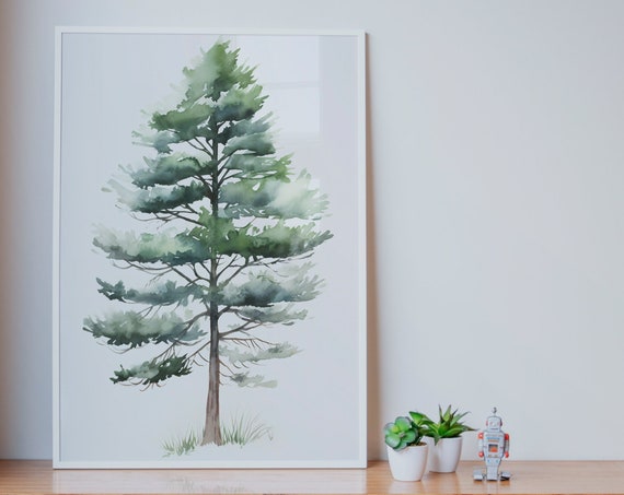 Pine Tree Painting Wall Art Poster Gift Watercolor Colorful Painting Illustration Nature Minimalist Decor Farm House Wall Art
