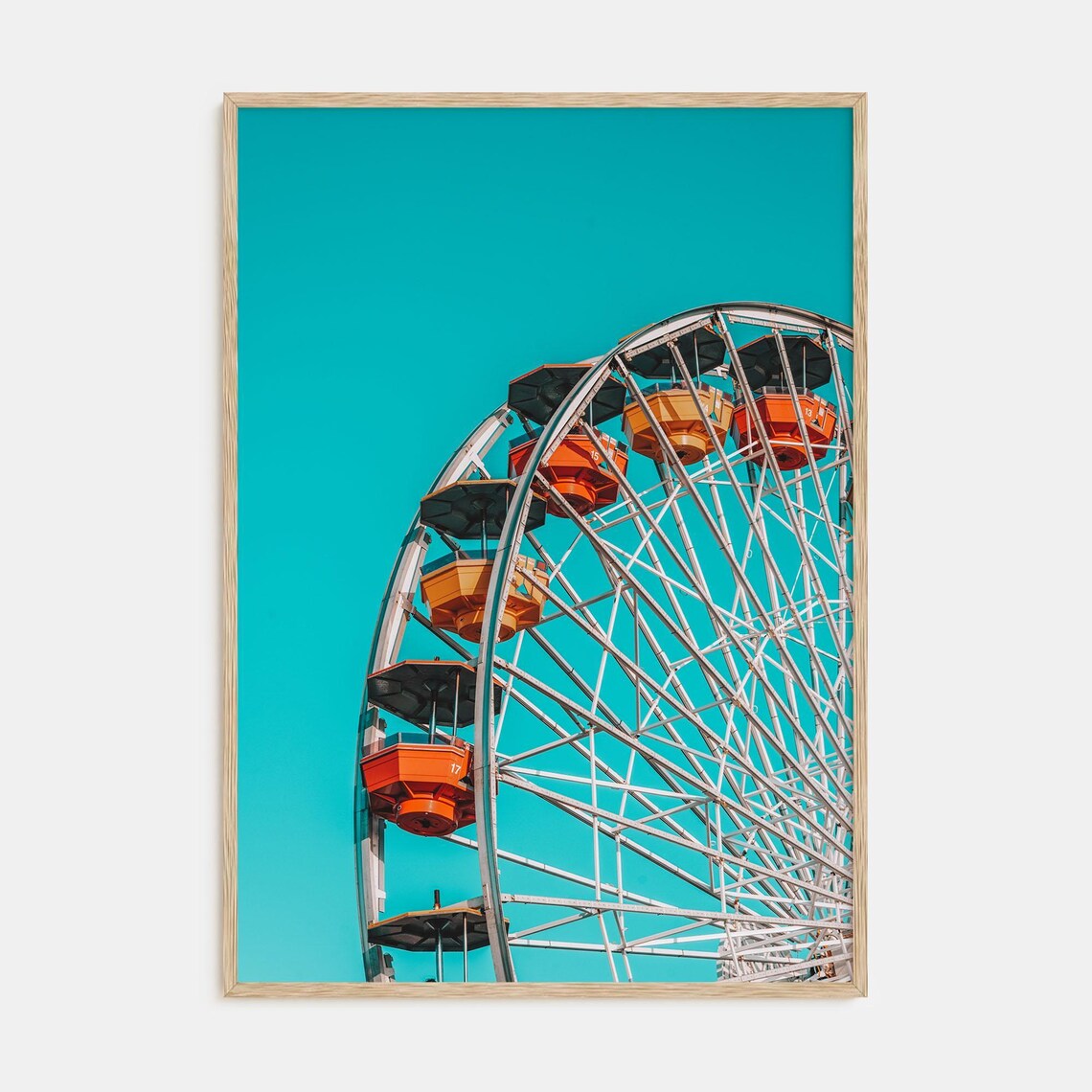 Colorful Ferris Wheel Cabins Against Teal Sky Amusement Poster