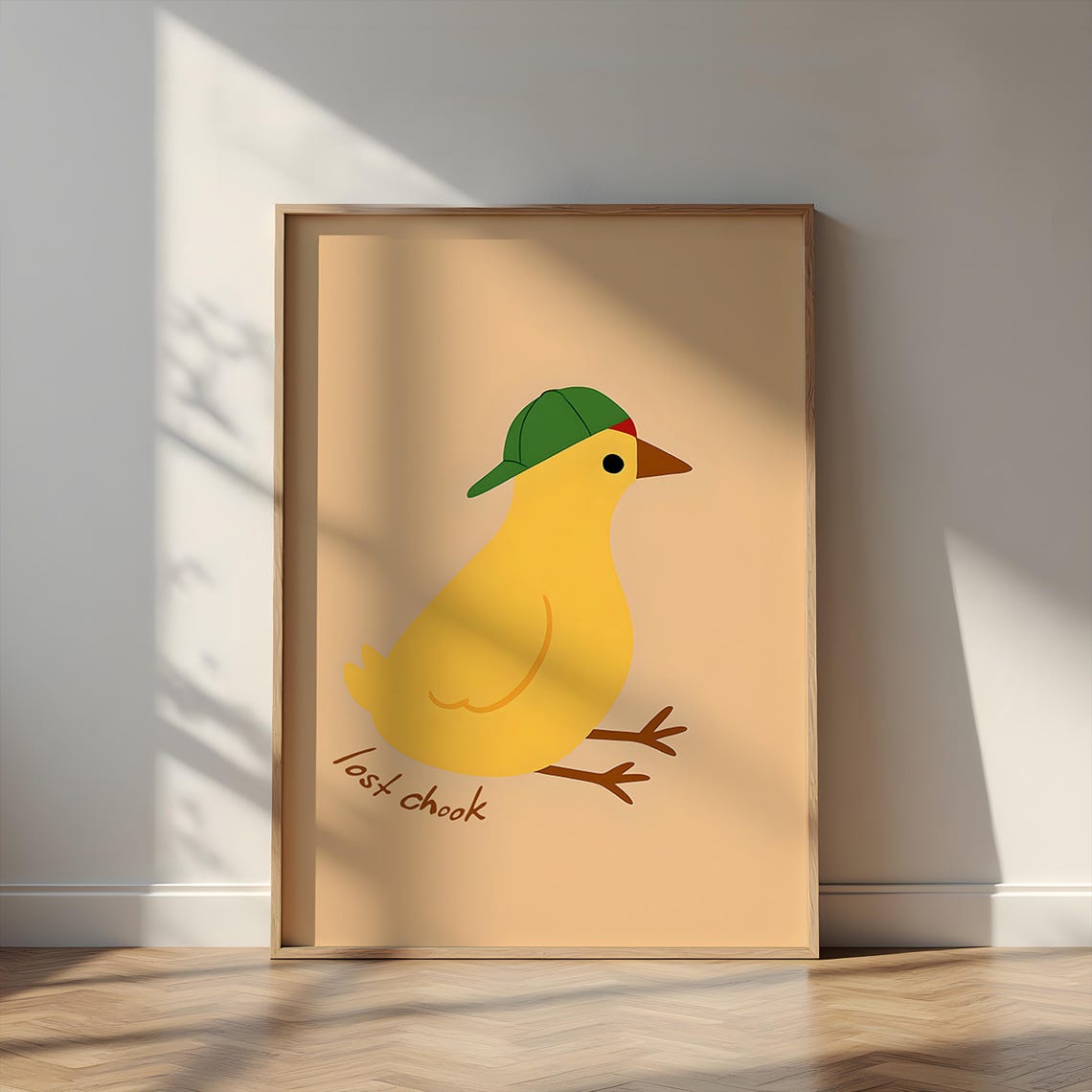 Lost Chook Yellow Chicken in Green Cap Cute Minimalist Art Poster