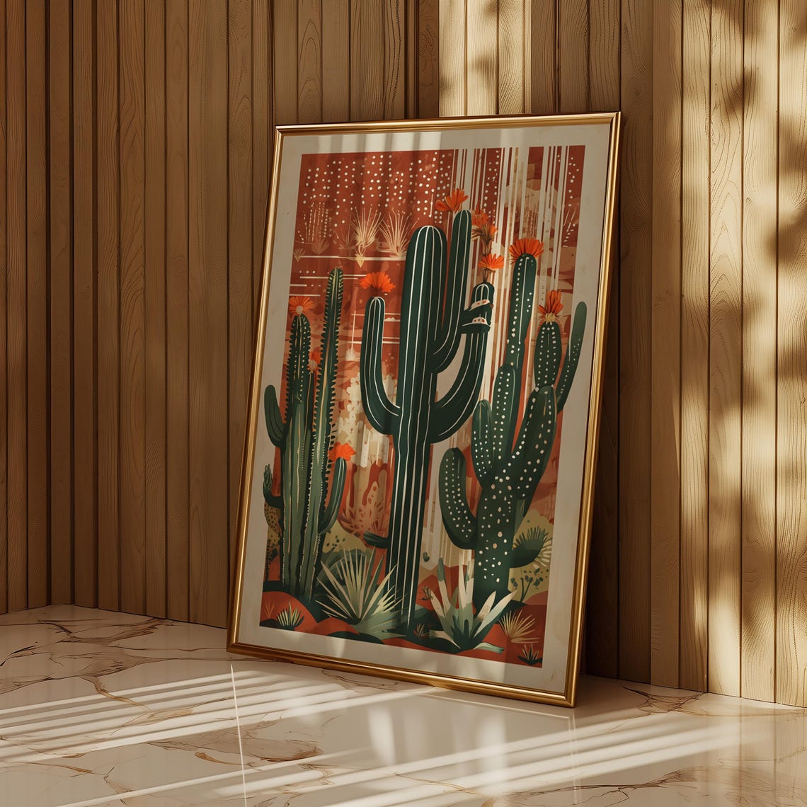 Blooming Desert Cactus Boho Botanical Illustration Art Poster