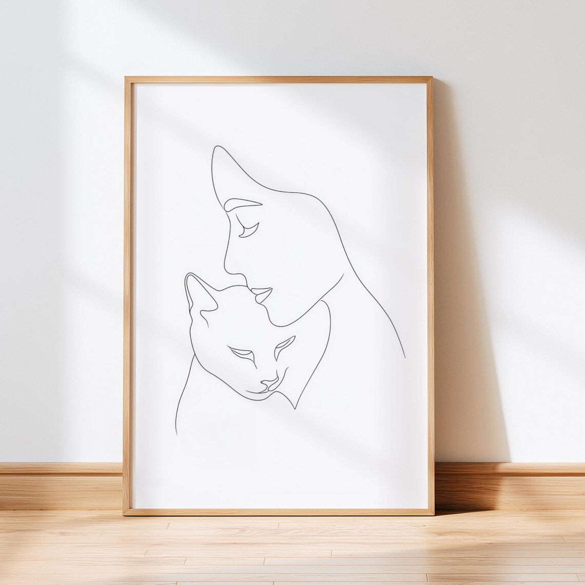 Woman Kissing Her Cat One Line Minimalist Modern Line Art Print