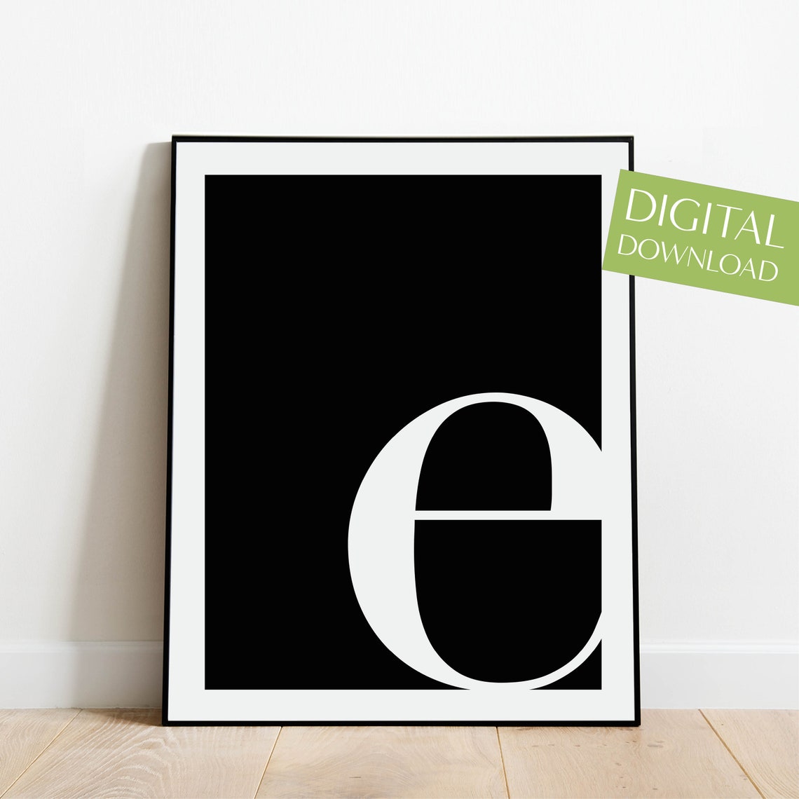 Lowercase Letter E Monogram Poster White on Black Modern Decor