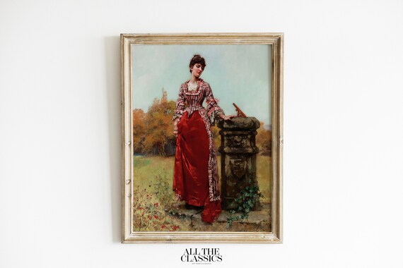 Victorian Lady Red Gown Garden Sundial Classic Portrait Wall Art