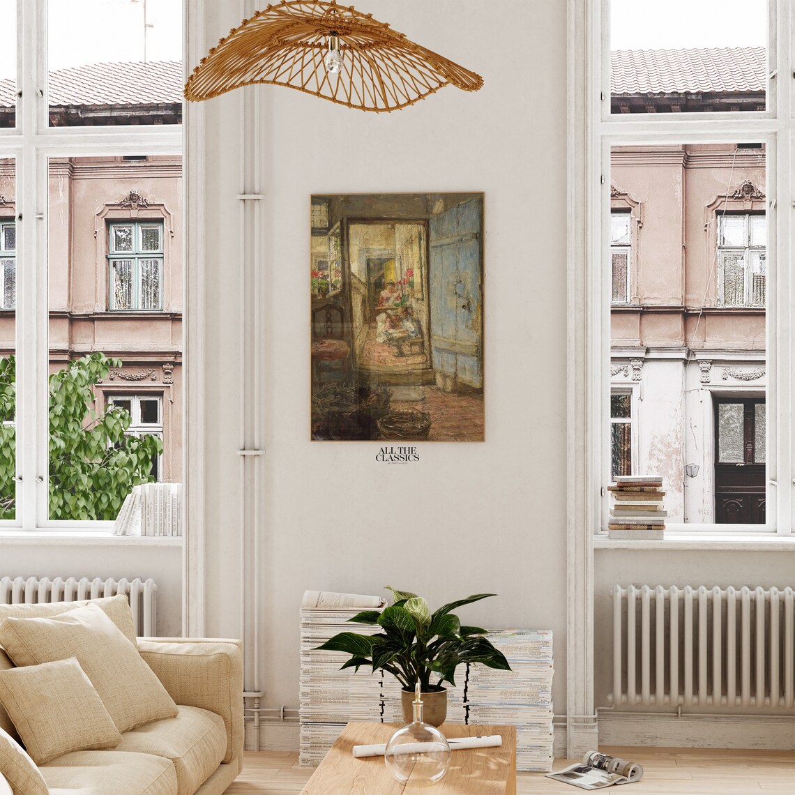 Rustic Doorway Sunlit Courtyard Children Vintage Oil Painting Poster - Image 2
