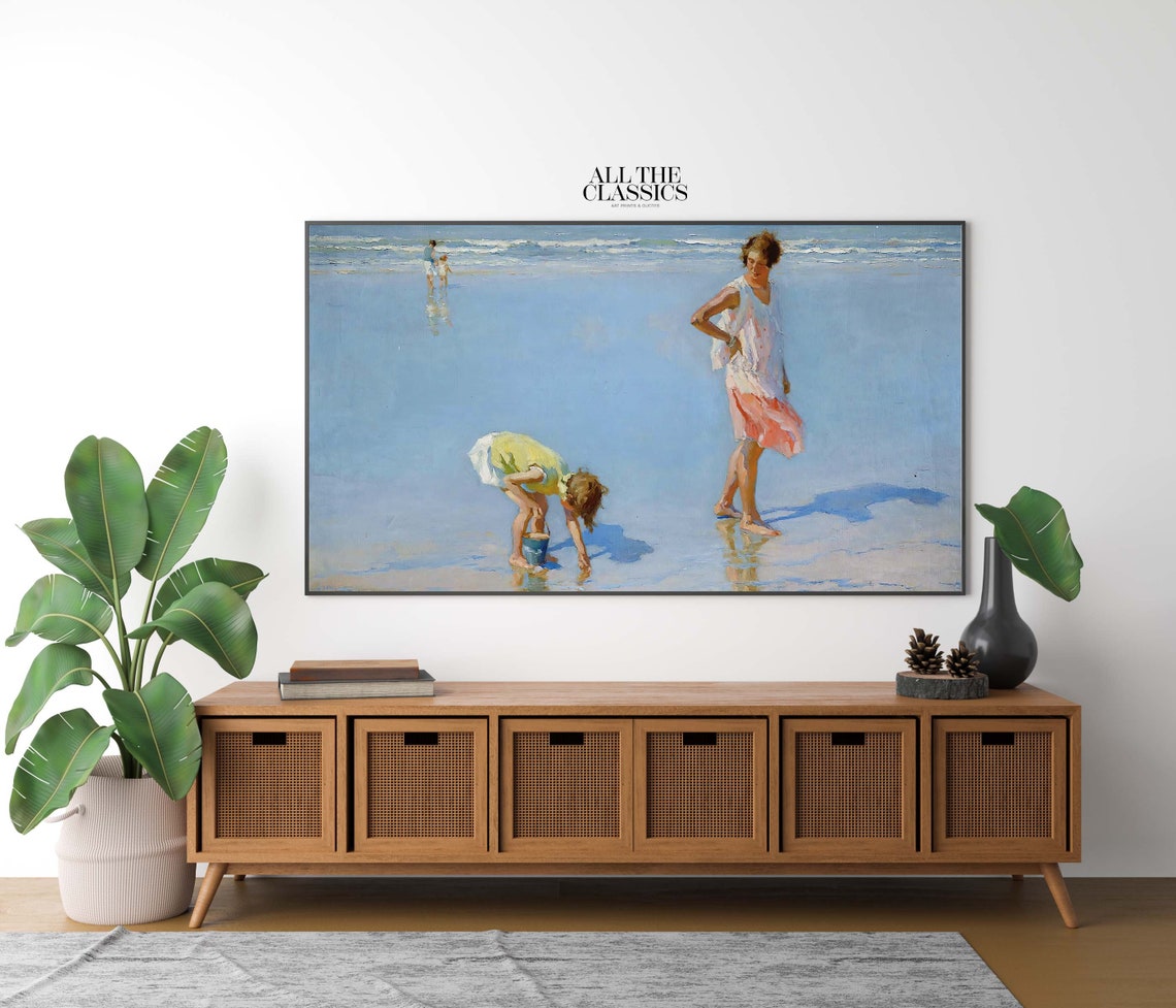 Mother and Child with a Bucket on a Pale Blue Beach Vintage Poster - Image 2