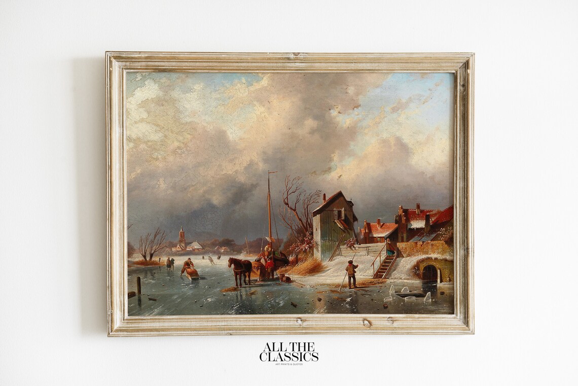 Dutch Winter Village Frozen River Skaters Vintage Landscape Poster