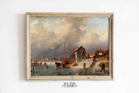 Dutch Winter Village Frozen River Skaters Vintage Landscape Poster
