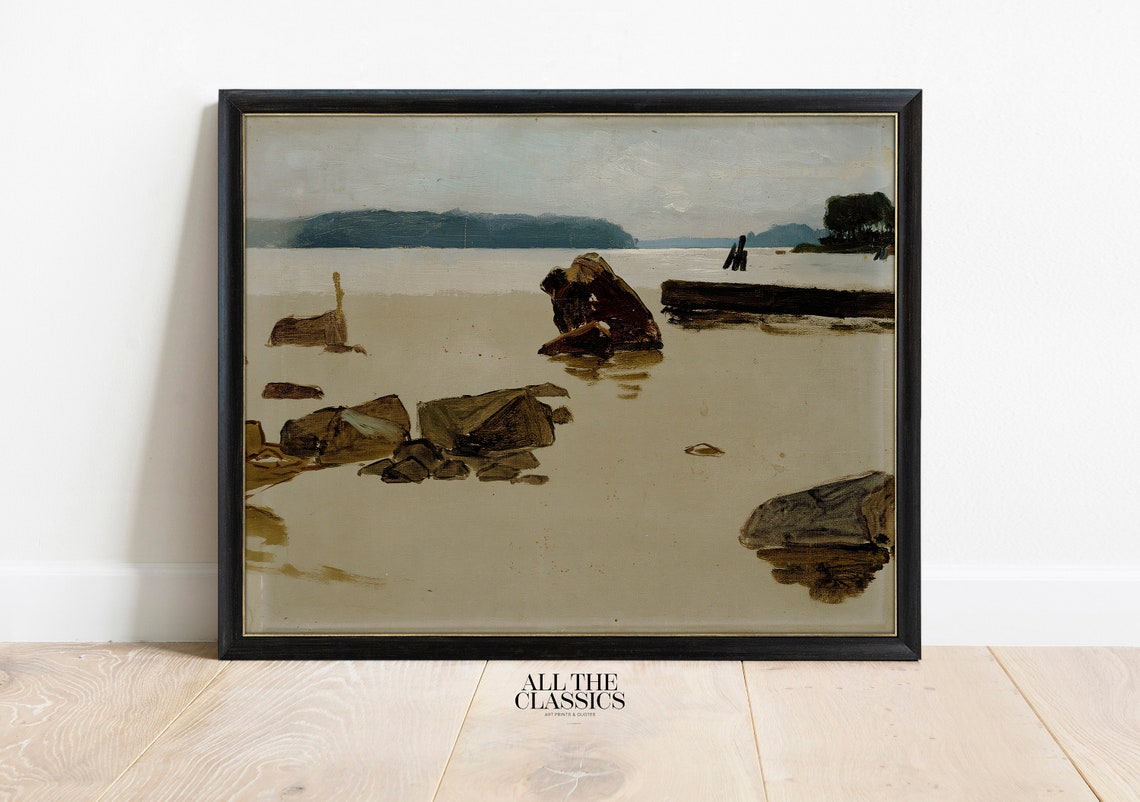 Muted Minimalist Shoreline Rocks Quiet Gray Green Ocean Art Poster - Image 3