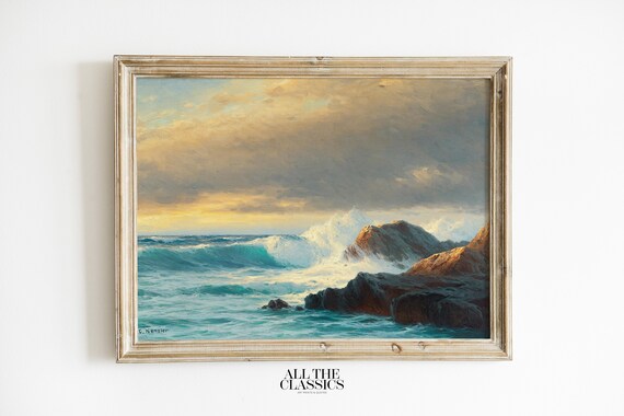 Golden Sunset Ocean Waves Crashing On Rocky Shore Art Poster