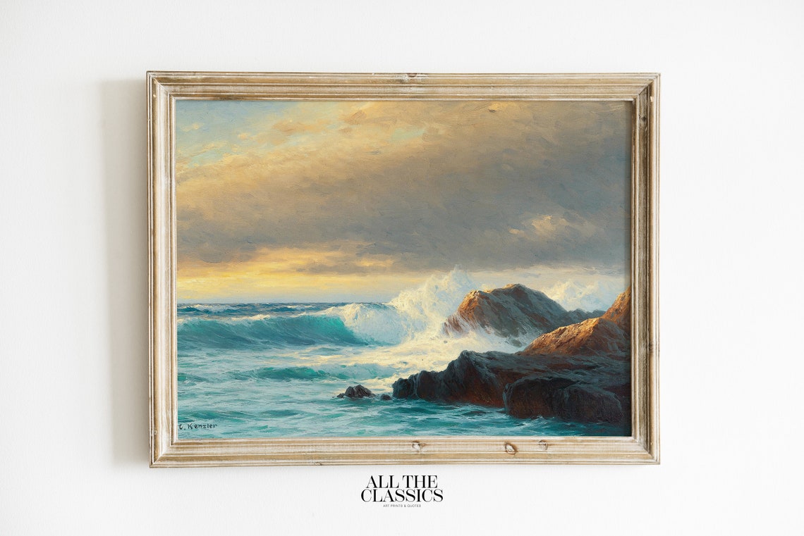 Golden Sunset Ocean Waves Crashing On Rocky Shore Art Poster