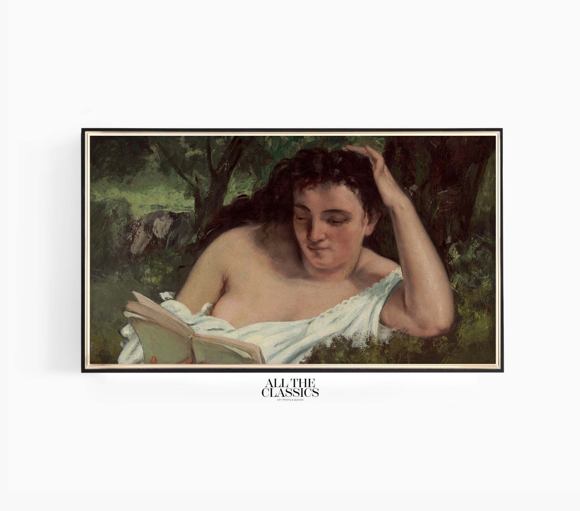 Woman Reading In Forest Half Draped Vintage Romantic Art Poster