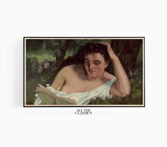 Woman Reading In Forest Half Draped Vintage Romantic Art Poster