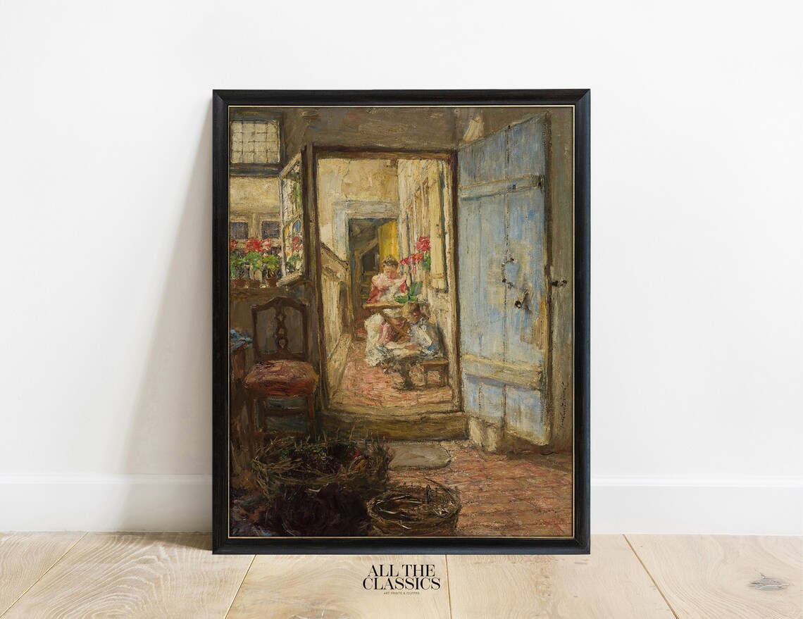 Rustic Doorway Sunlit Courtyard Children Vintage Oil Painting Poster - Image 3