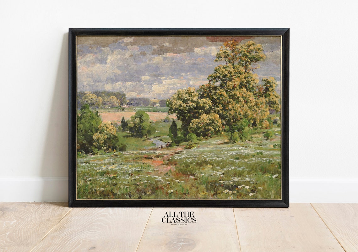 Vintage Spring Meadow Stream Landscape Rustic Oil Painting Poster - Image 3
