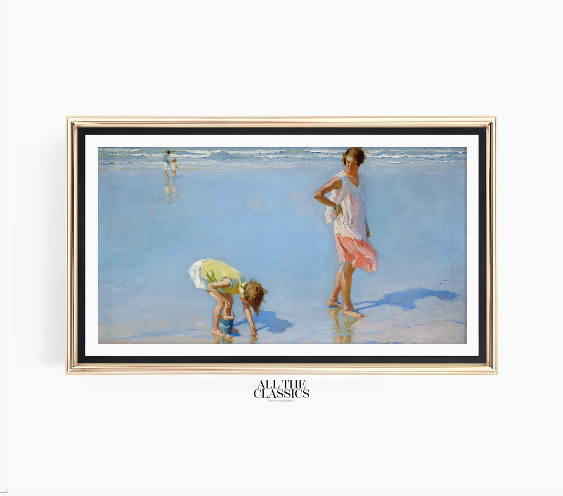 Mother and Child with a Bucket on a Pale Blue Beach Vintage Poster - Image 3