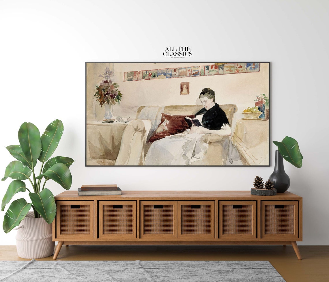 Elegant Woman Reading On Sofa Soft Watercolor Interior Art Poster - Image 2