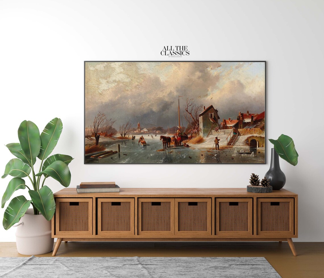 Frozen Canal Winter Horse Sled Ice Skaters Village Painting Poster - Image 2