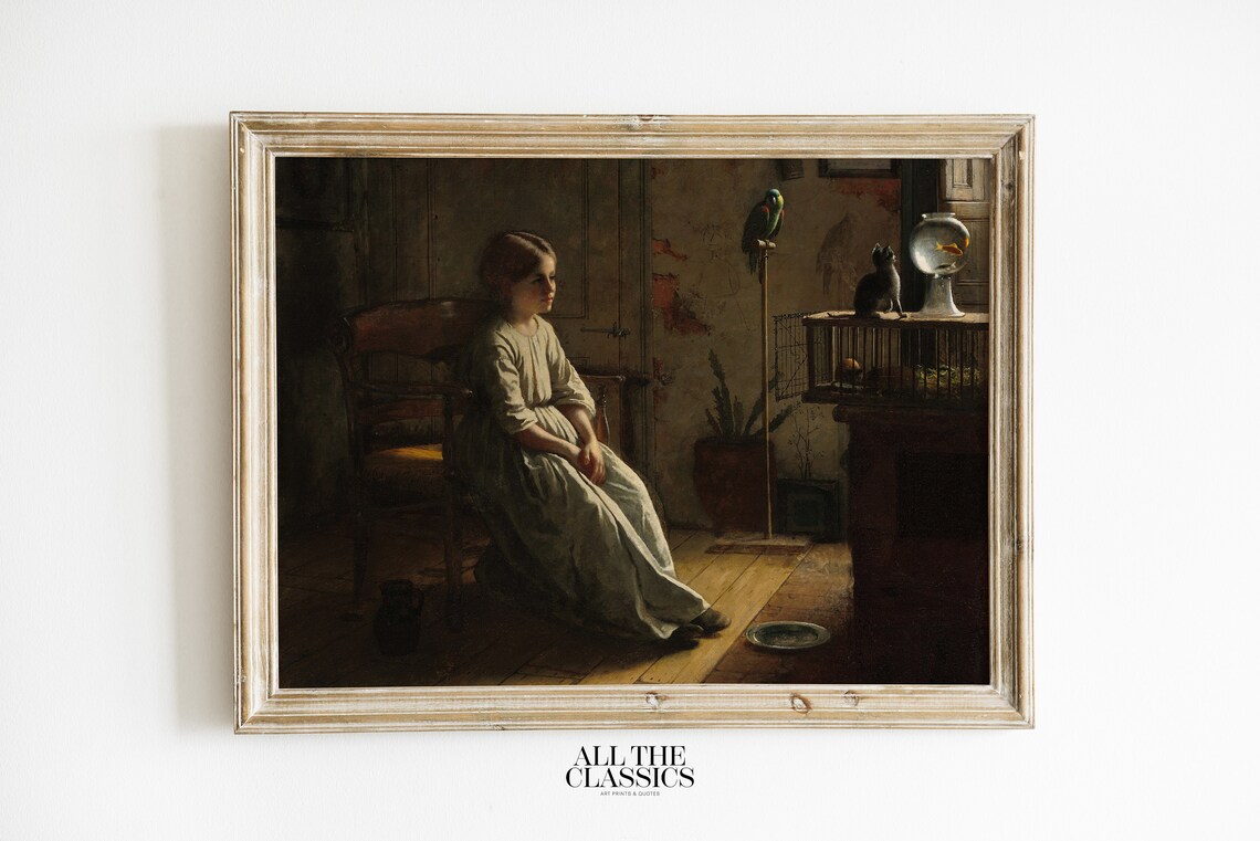 Eastman Johnson The Pets Girl With Parrot Cat Goldfish Vintage Art Poster