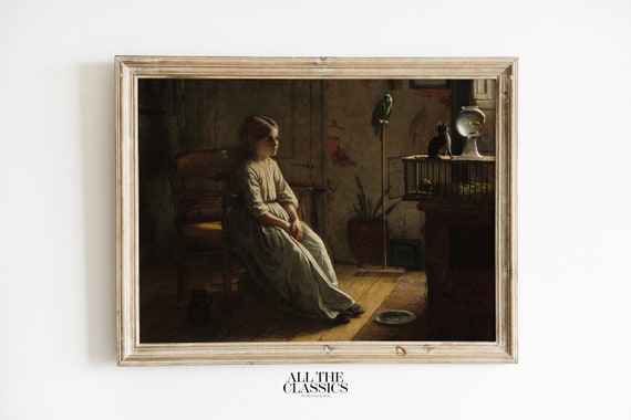 Vintage Art Print Wall Art Rustic Female Portrait Moody Dark Colors The Pets Eastman Johnson