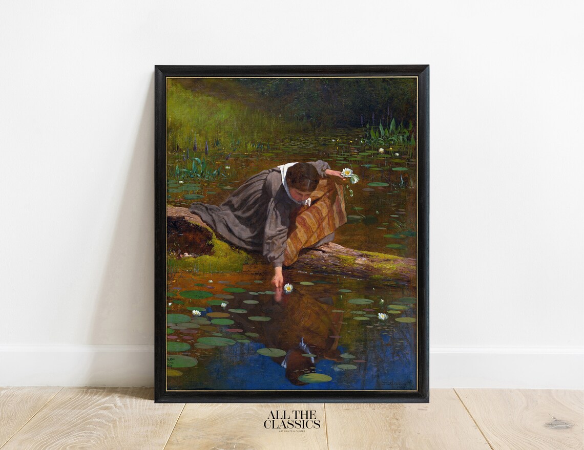 Woman Gathering White Water Lilies Vintage Pond Painting Poster - Image 3