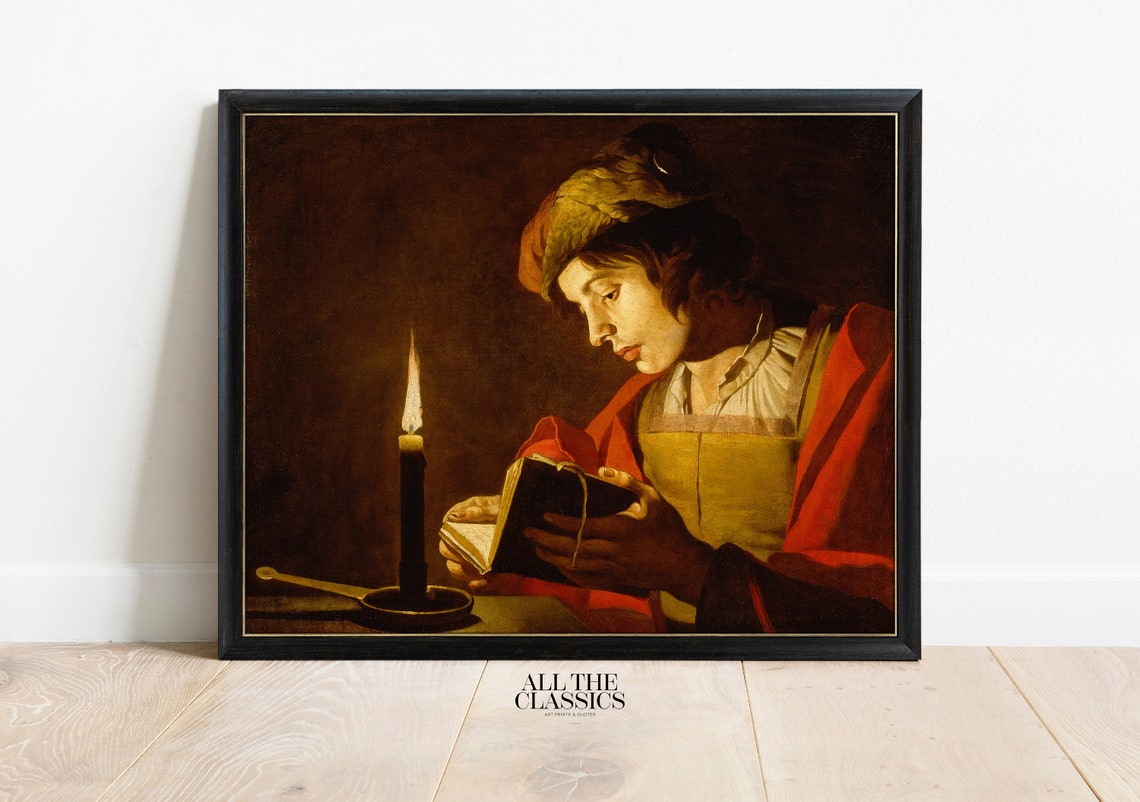 Baroque Young Man Reading By Candlelight Chiaroscuro Art Poster - Image 3