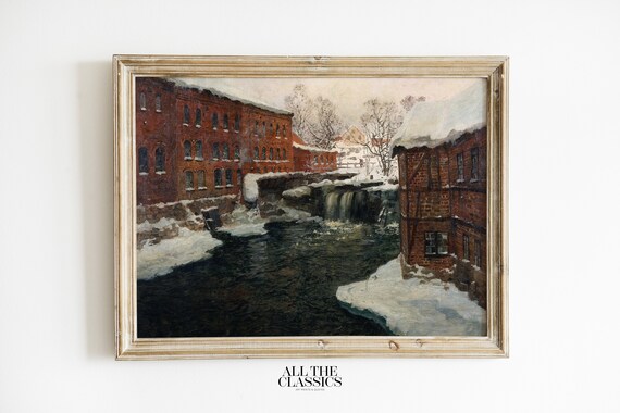 Frits Thaulow Winter Village Red Mill Waterfall Snow Scene Art Poster