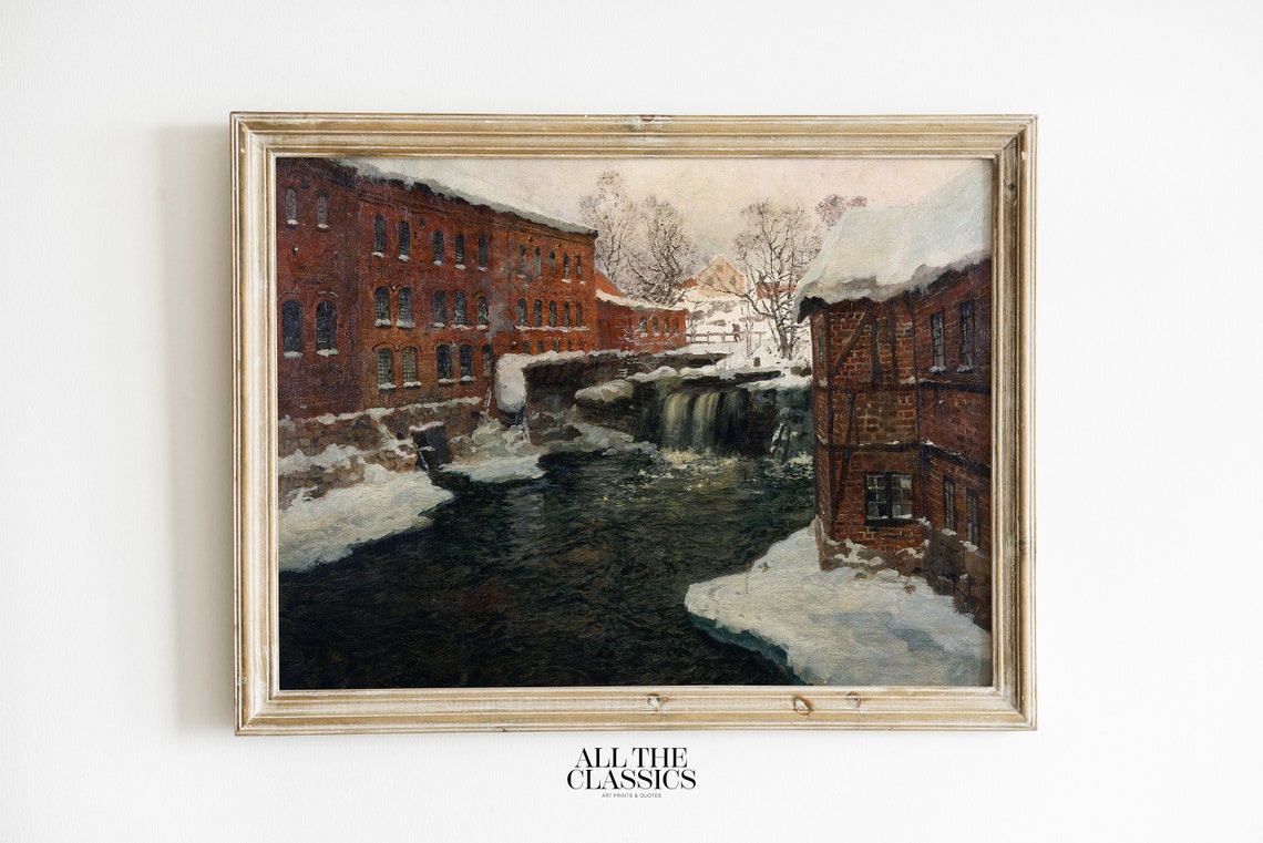 Frits Thaulow Winter Village Red Mill Waterfall Snow Scene Art Poster