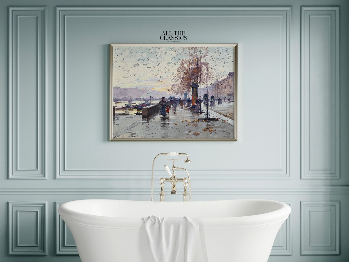 Rainy Autumn Riverside Boulevard Impressionist Painting Poster - Image 2