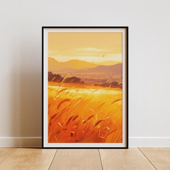 Vertical Landscape Poster Golden Wheat Field At Sunset Nature Inspired Home Decor Rustic Wall Art Tranquil Farmhouse Print Mountain